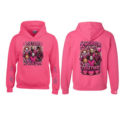 Pink Horror October Pullover Hoodie – Halloween Scary Movie Character & Pumpkin Graphic Sweatshirt
