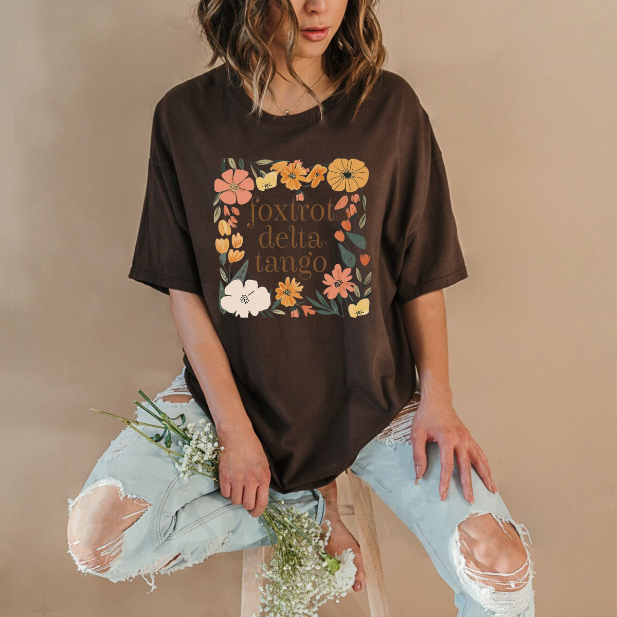 Parke Horizon Tee – "Foxtrots Deltas Tangos" Boho Floral Tactical Graphic T-Shirt