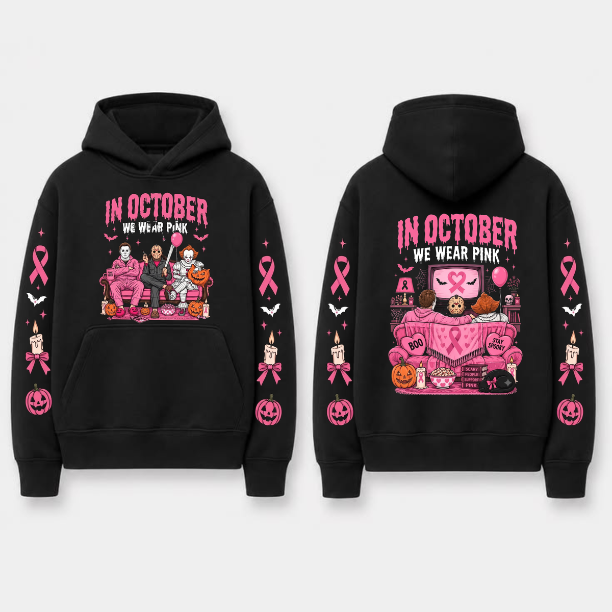 "In October We Wear Pink" Horror Spooky Ribbon Graphic Hoodie