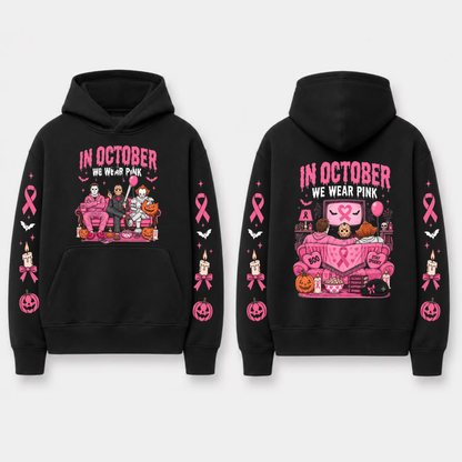 "In October We Wear Pink" Horror Spooky Ribbon Graphic Hoodie