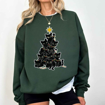Women’s Chic Geometric Black Cat Christmas Tree Crewneck Sweatshirt