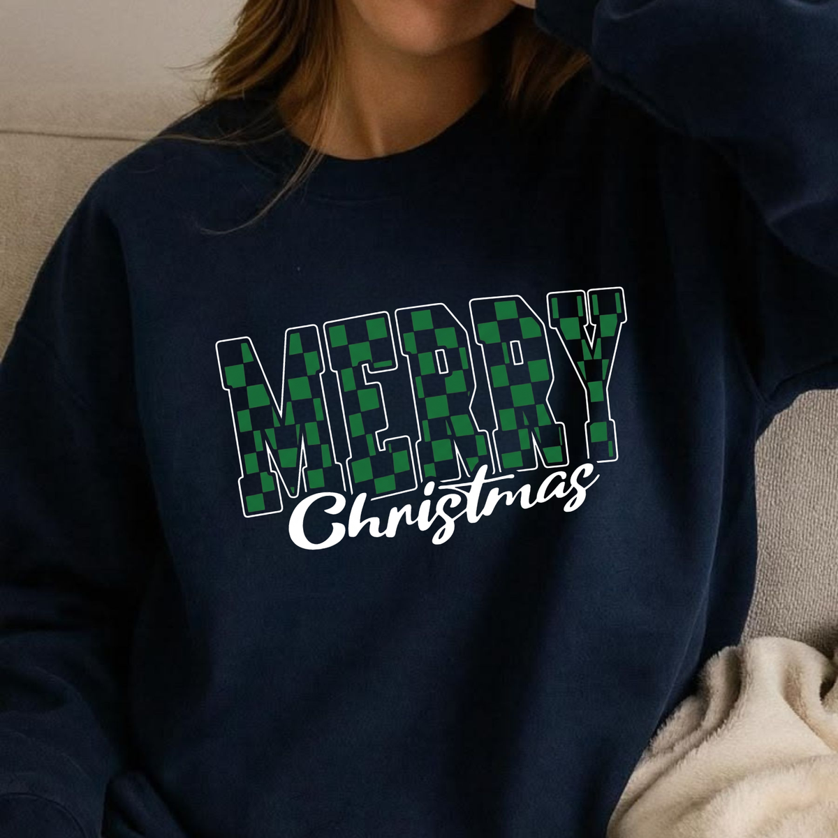 Merry Christmas Checkered Holiday Graphic Sweatshirt