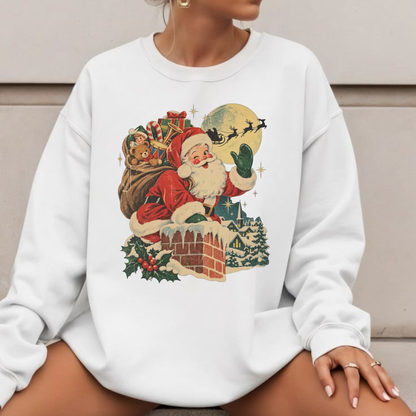 Festive Friction Crewneck – Vintage Santa Chimney & Reindeer Holiday Graphic Sweatshirt