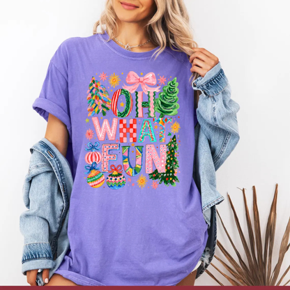 Oh What Fun Retro Pink Coquette Bow Christmas Graphic T-Shirt