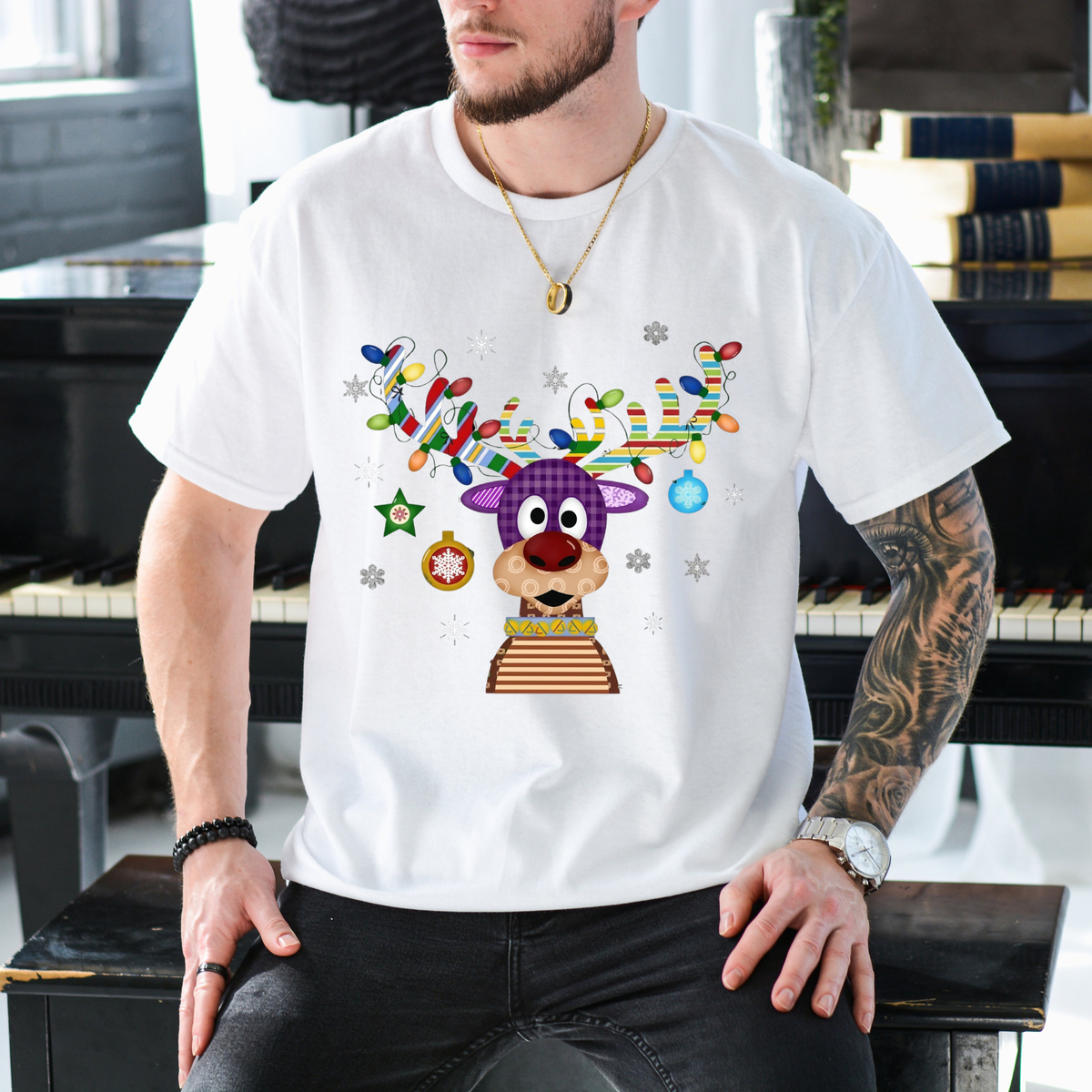 Festive Friction Tee – Funny Cute Reindeer Christmas Graphic T-Shirt