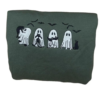 Cute Ghosts & Black Cats Embroidered Sweatshirt – Spooky Season Halloween Crewneck for Cat Lovers