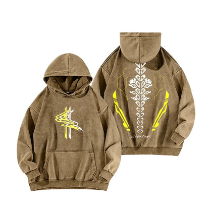 Soft Washed Cotton Cyberpunk Machinery Graphic Hoodie Pullover