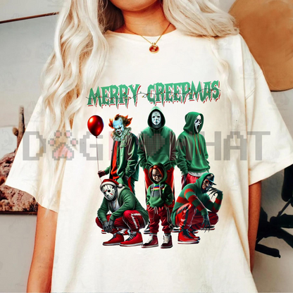 Merry Creepmas T-Shirt – Chibi Christmas & Halloween Movie Characters Tee, Unisex Holiday Cotton Top