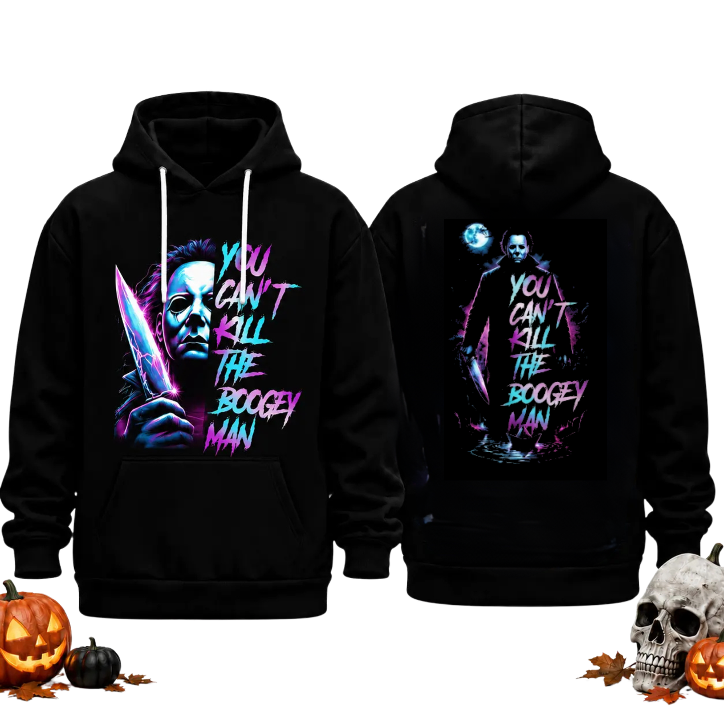 Unisex Horror Movie Villain Double-Sided Graphic Hoodie - Retro Neon Scary Character Pullover Hooded Hoodie