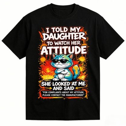 Festive Friction Tee – "I Told My Daughter To Watch Her Attitude" Funny Parenting Cat Graphic T-Shirt