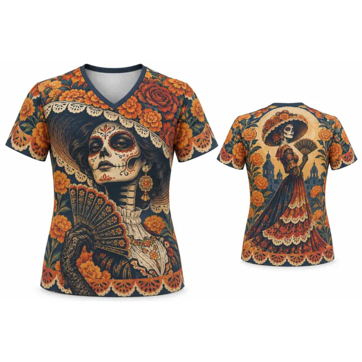 Parke Horizon Top – Women's Día de los Muertos La Catrina Stained Glass V-Neck Sports Top