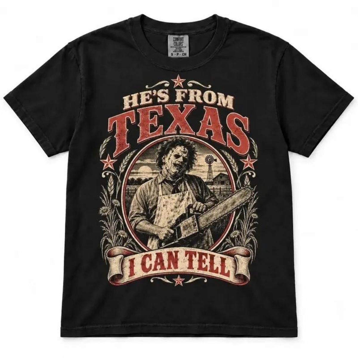 Hes From Texas I Can Tell Chainsaw Horror Graphic T-Shirt