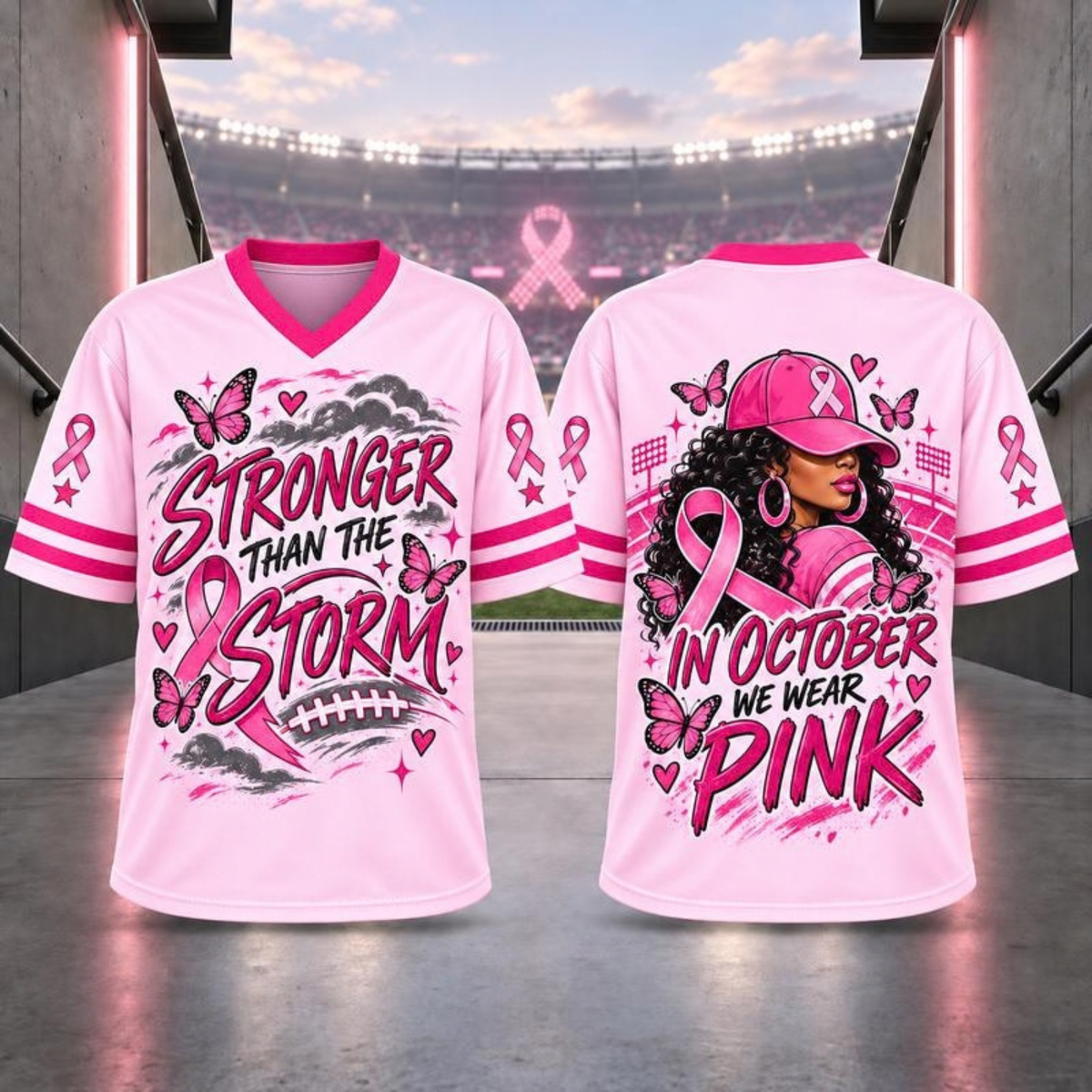 Pink Ribbon Breast Cancer Awareness V-Neck Football Jersey T-Shirt