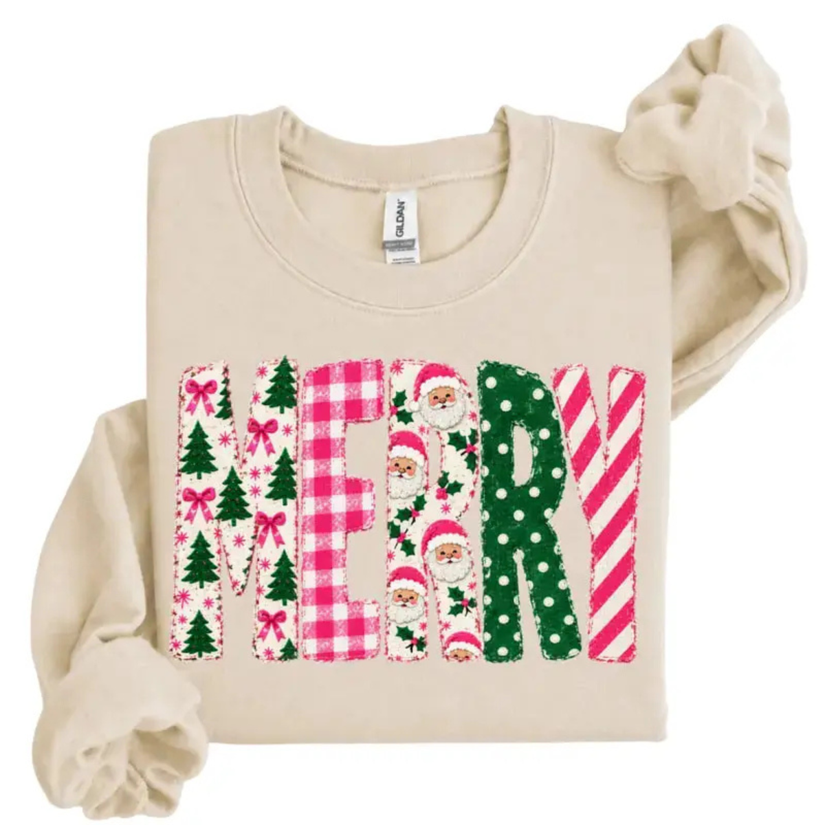 Festive Friction Crewneck – Retro Pink Merry Christmas Polka Dot Tree Sweatshirt