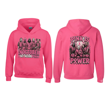 Pink Horror October Pullover Hoodie – Halloween Scary Movie Character & Pumpkin Graphic Sweatshirt
