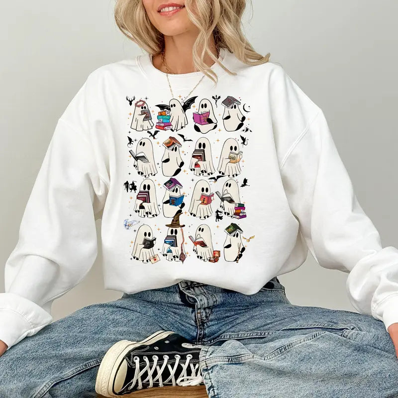 Retro Ghost Book Club Sweatshirt – Bookish Ghost Reading Tee, Halloween Gift for Book Lovers