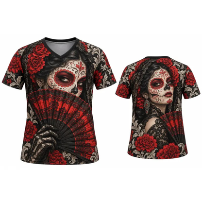 Parke Horizon Top – Women's Día de los Muertos La Catrina Stained Glass V-Neck Sports Top
