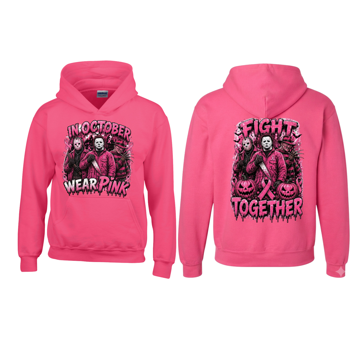 Pink Horror October Pullover Hoodie – Halloween Scary Movie Character & Pumpkin Graphic Sweatshirt