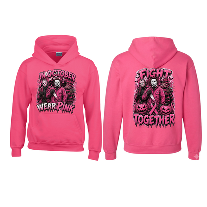 Pink Horror October Pullover Hoodie – Halloween Scary Movie Character & Pumpkin Graphic Sweatshirt