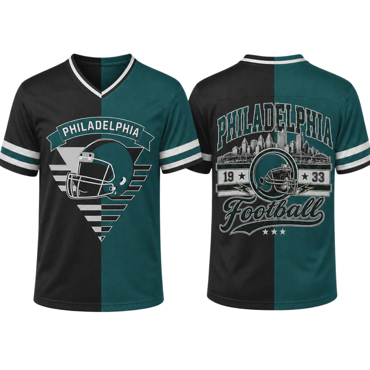 Unisex Two-Tone Split V-Neck Football Fan Jersey - Loose Fit Striped Tailgate Top