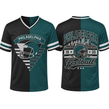 Unisex Two-Tone Split V-Neck Football Fan Jersey - Loose Fit Striped Tailgate Top