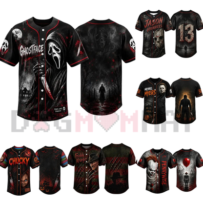 Horror Slasher Classic Movie Characters Baseball Jersey - Spooky Squad Halloween Uniform