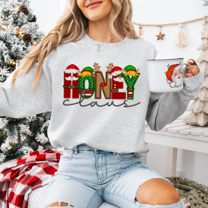 Unisex Faux Embroidery "Claus" Christmas Sweatshirt – Festive Holiday Pullover