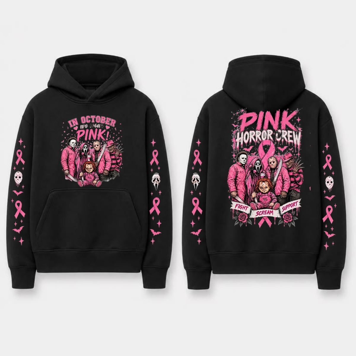 "In October We Wear Pink" Horror Spooky Ribbon Graphic Hoodie