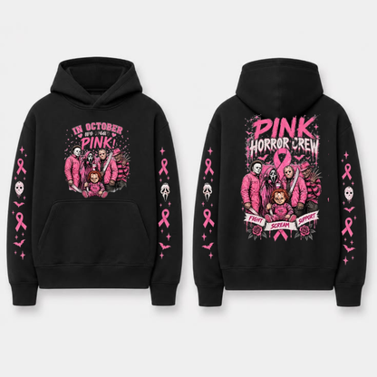 "In October We Wear Pink" Horror Spooky Ribbon Graphic Hoodie