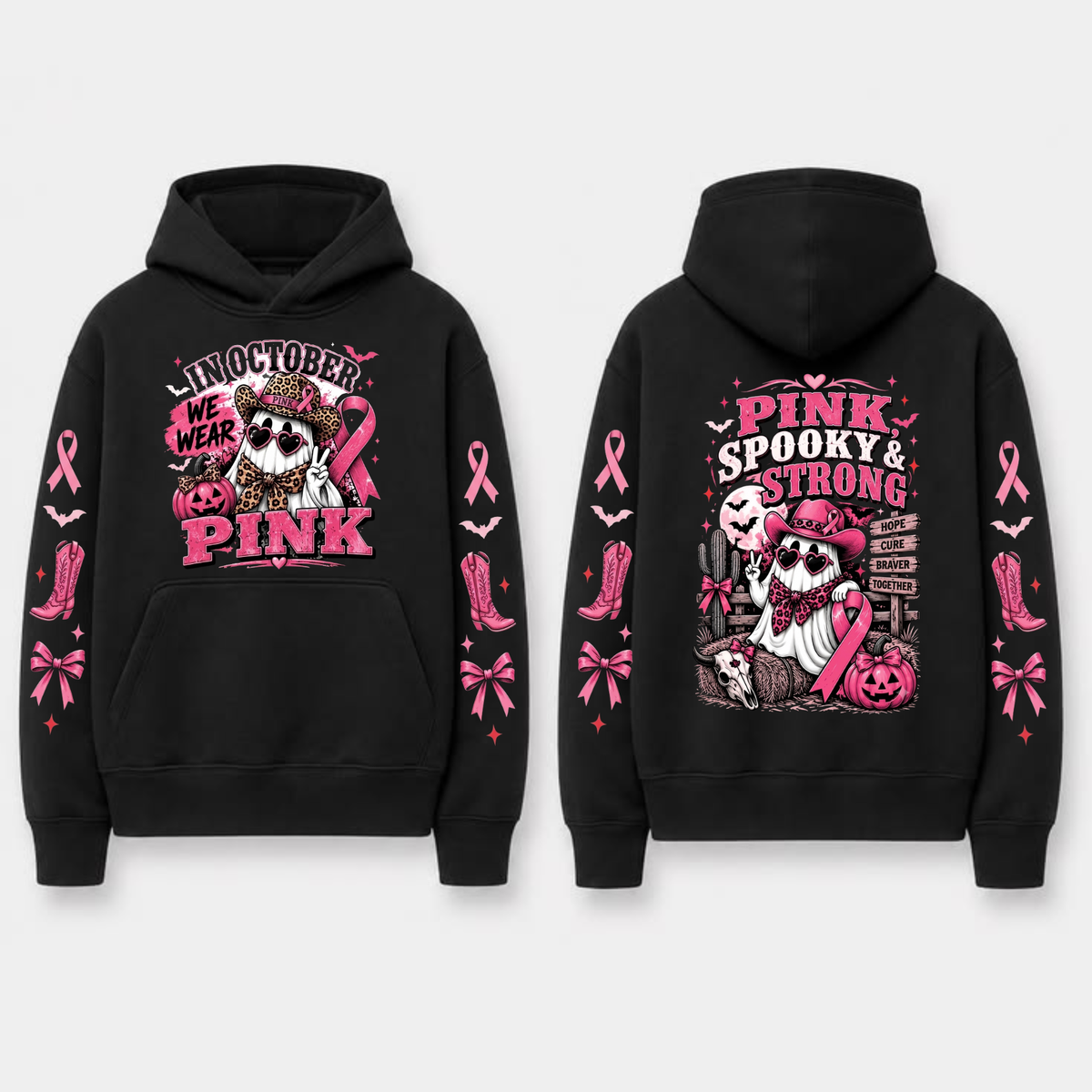 "In October We Wear Pink" Horror Spooky Ribbon Graphic Hoodie