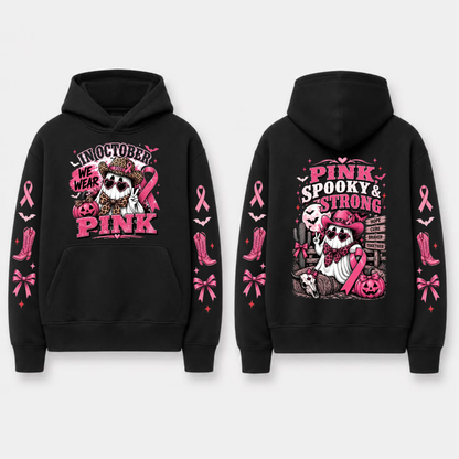 "In October We Wear Pink" Horror Spooky Ribbon Graphic Hoodie
