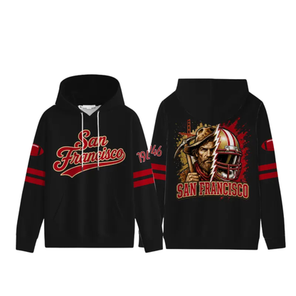 Unisex Football City Graphic Hoodie - Black Pullover with Front Script & Back Helmet Art