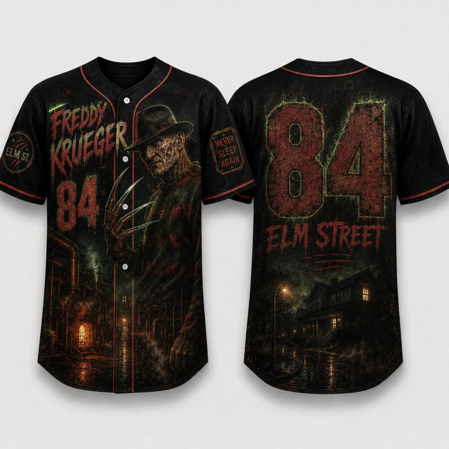 Horror Slasher Gothic Halloween Baseball Jersey - Dark Character Graphic Sports Button-Down