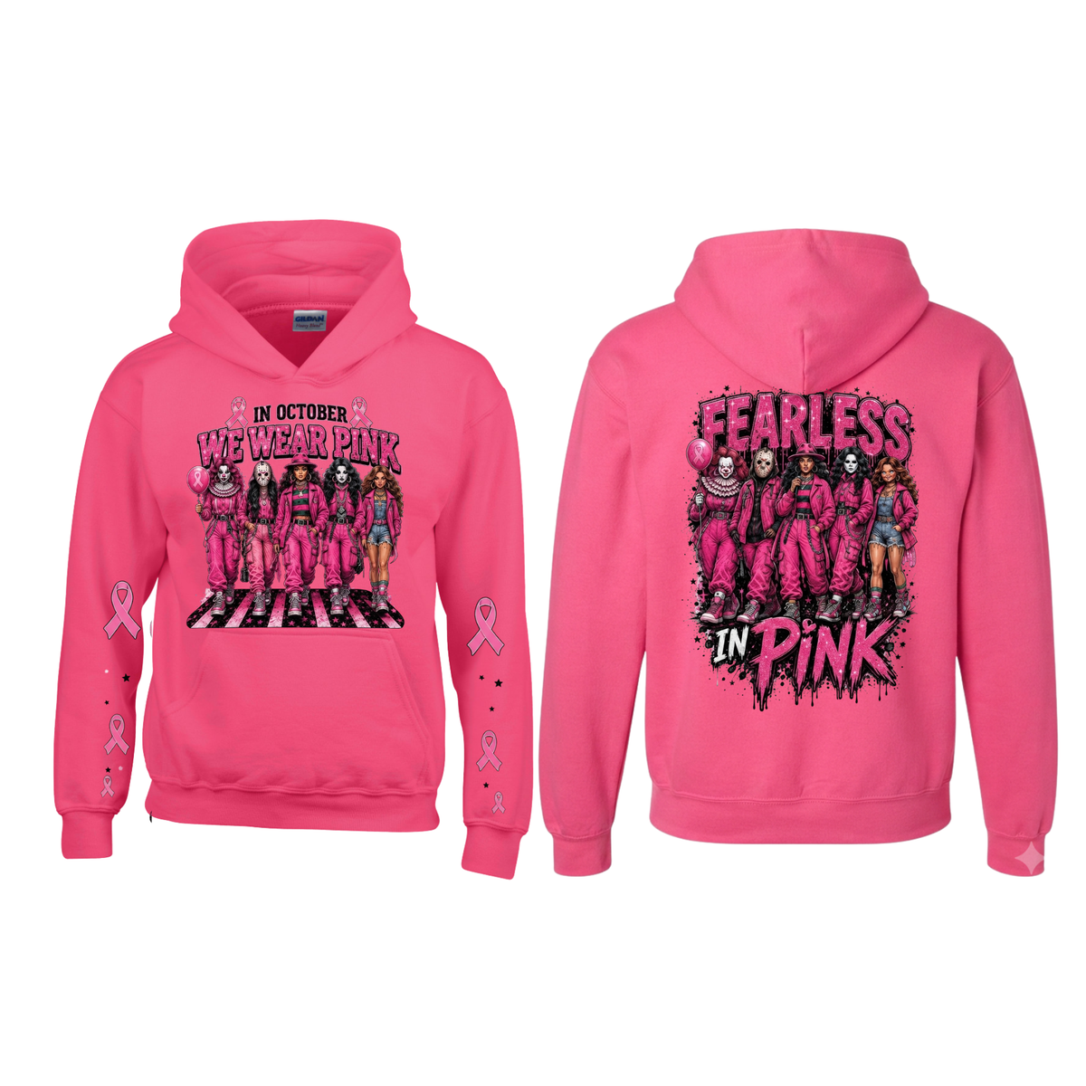Pink Horror October Pullover Hoodie – Halloween Scary Movie Character & Pumpkin Graphic Sweatshirt