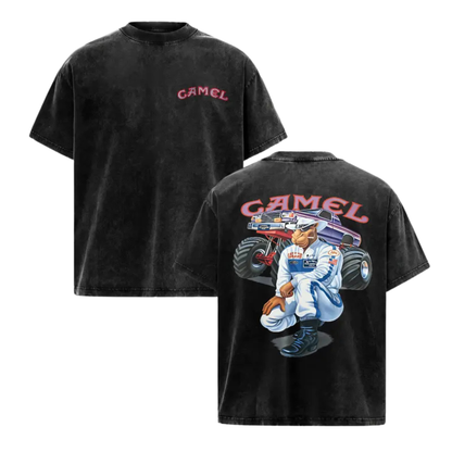 Retro Pinup Siren Mineral Wash Tee - Men's Distressed Acid Wash Oversized Cotton Graphic Shirt
