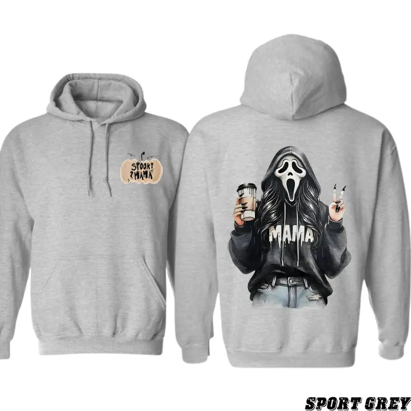 Spooky Mama Halloween Hoodie – Ghost Face Girl Drinking Coffee