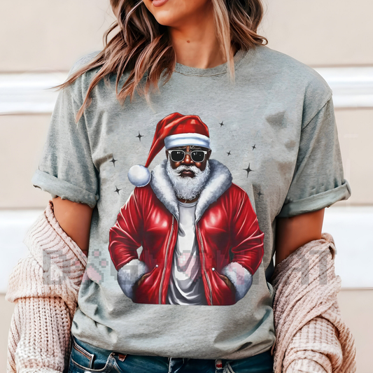 African American Santa Christmas Pajama-Style T-shirt - dogmomhat