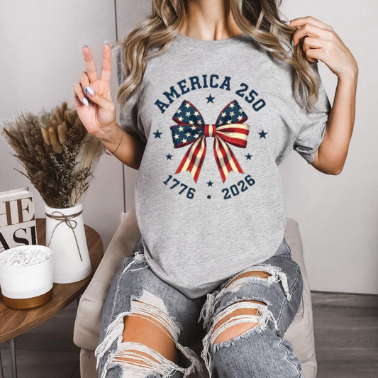 America 250 Stars and Stripes Bow T-Shirt – Coquette Patriotic Graphic Tee - Dogmomhat
