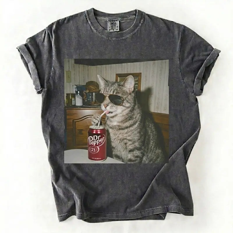 Cat Breeds Drinking Soda Vintage Graphic Tee