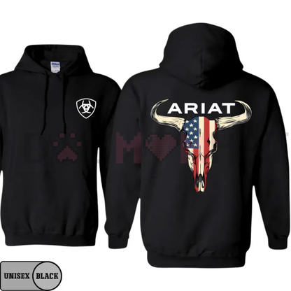 Ariat-Inspired American Flag Bull Skull Hoodie – Unisex Western Cowboy Pullover - dogmomhat
