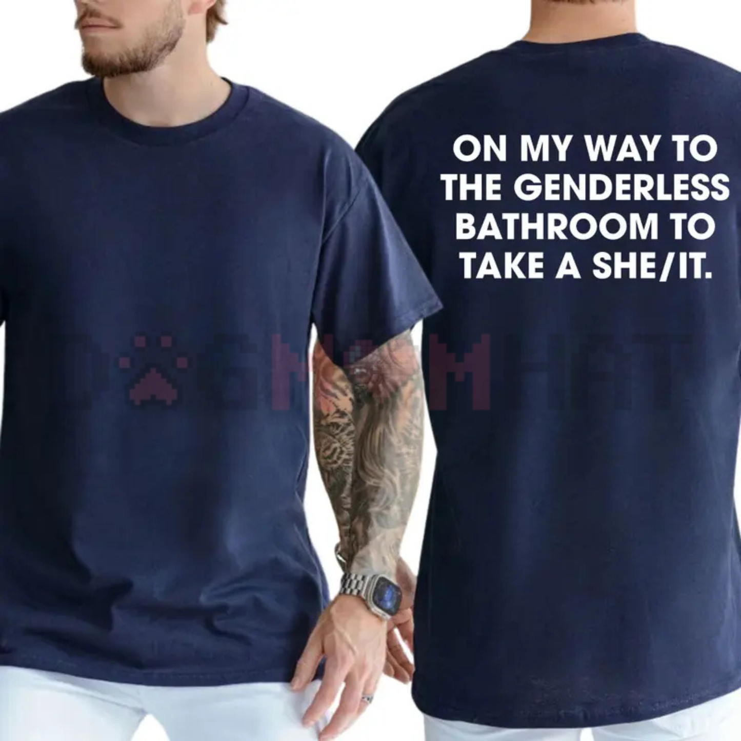 Back view of Funny Restroom Humor Political Satire Graphic T-Shirt - Dogmomhat