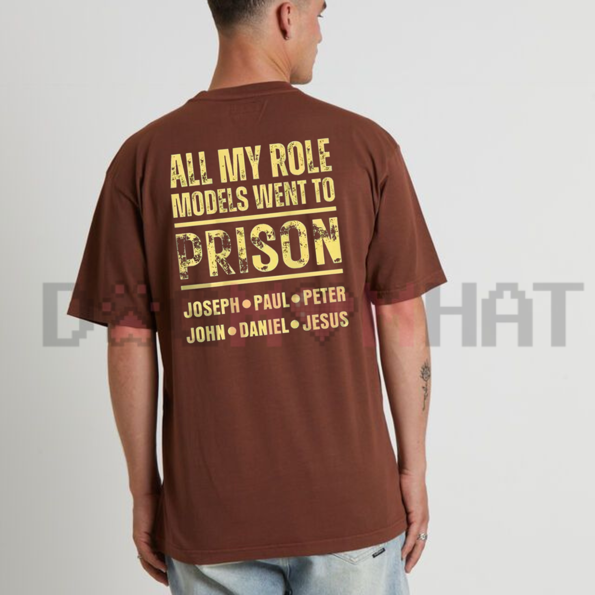 Back view of the All My Role Models Went To Prison T-Shirt displaying edgy quote typography and mugshot graphic artwork printed across the rear of a casual cotton tee. - dogmomhat