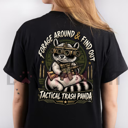 Back view of the Forage Around & Find Out T-Shirt displaying tactical raccoon night vision graphic printed across the back. - dogmomhat