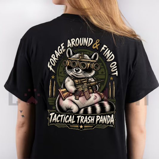 Back view of the Forage Around & Find Out T-Shirt displaying tactical raccoon night vision graphic printed across the back. - dogmomhat