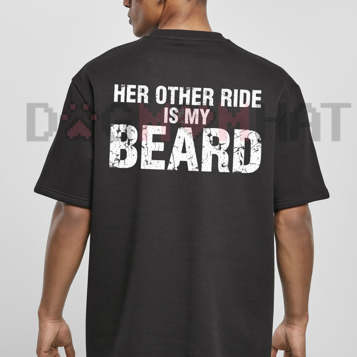 Back view of the Her Other Ride Is My Beard T-Shirt displaying bold motorcycle chopper back print graphics. - DOGMOMHAT
