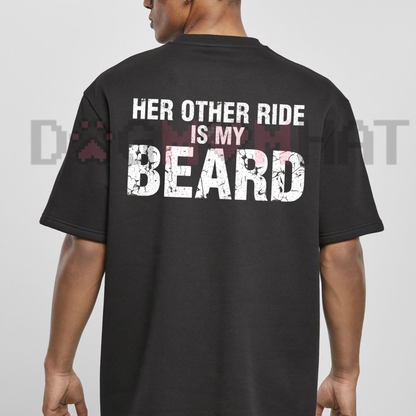 Back view of the Her Other Ride Is My Beard T-Shirt displaying bold motorcycle chopper back print graphics. - DOGMOMHAT