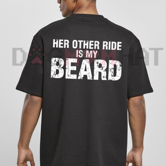 Back view of the Her Other Ride Is My Beard T-Shirt displaying bold motorcycle chopper back print graphics. - DOGMOMHAT