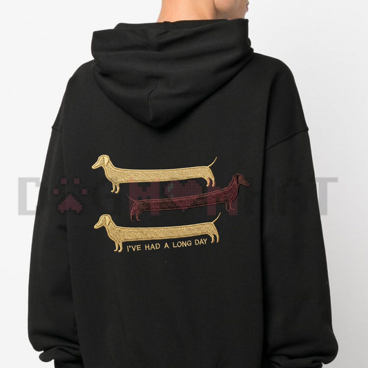 Back view of the I've Had A Long Day Funny Dog Embroidered Hoodie showing the detailed cozy puppy thread design and kangaroo pocket - dogmomhat