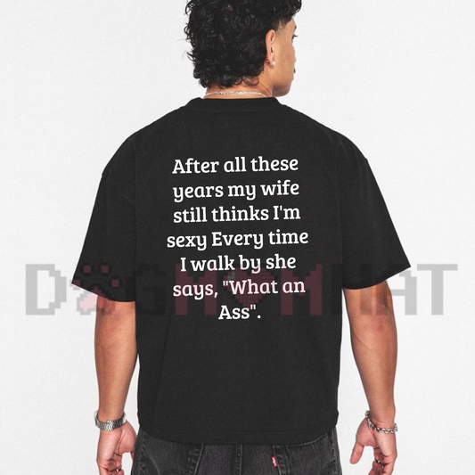 Back view of the Mens Casual Back Graphic Married Husband T-Shirt displaying bold funny marriage quote typography printed across the shoulders. - dogmomhat