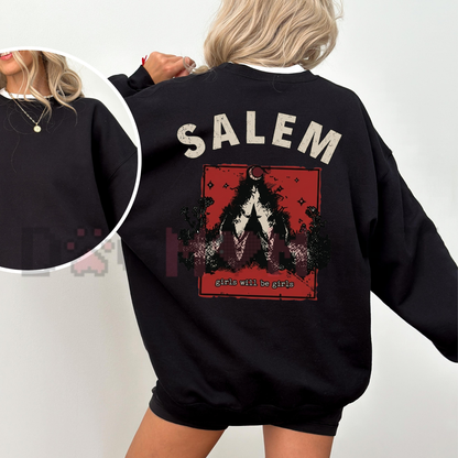 Back view of the Salem Girls Trip Halloween Sweatshirt displaying the bold shoulder-to-shoulder typography across the upper back. - dogmomhat